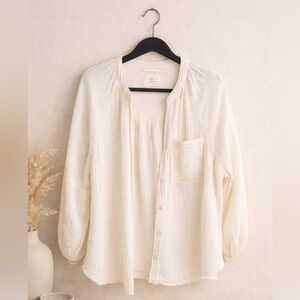 aerie Cream Striped Button-Down Gauze Shirt Boho